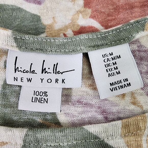 Nicole Miller Top Women's Medium 100% Linen Floral Print Neutral Boho Cap Sleeve - Picture 7 of 8